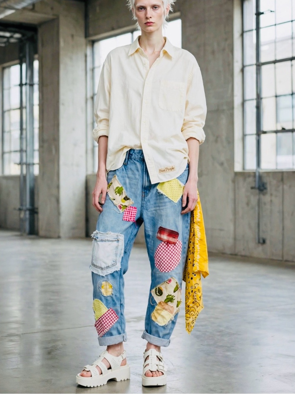 Patched barrel leg jeans